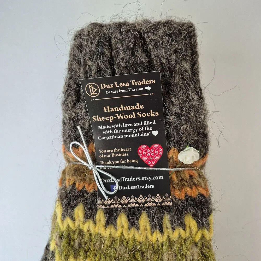 Dux Lesa Traders Brown Yellow Charcoal Handmade Sheep Wool Socks Womens 10-10.5